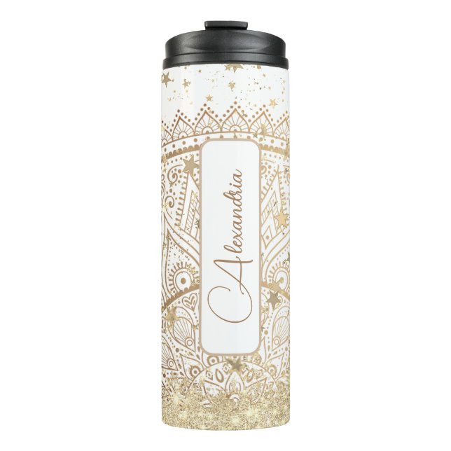 Termo Mandala con estrellas de oro en blanco personaliza (Anverso)