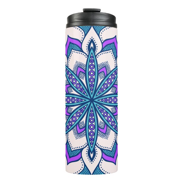 Termo Mandala de flores turquesa moradas (Anverso)