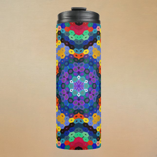 Termo Mandalá Hexagonal Azul Amarillo Rojo y Verde (Blue Yellow Red and Green Hexagon Mandala Thermal Tumbler by Wormhole Orbital)