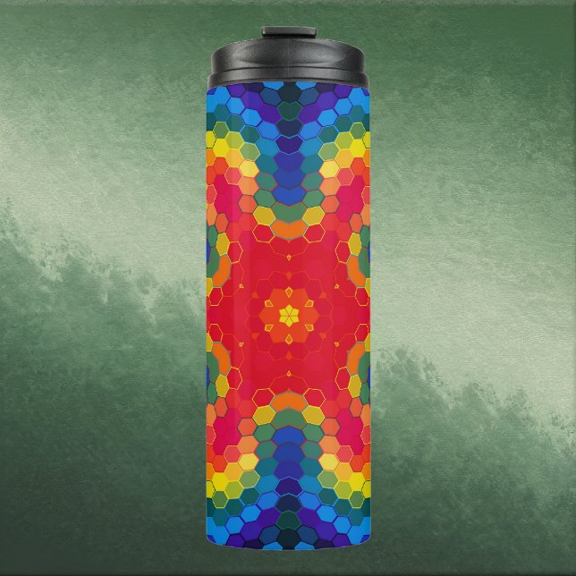 Termo Mandalá Hexagonal Rojo Amarillo y Azul (Red Yellow and Blue Hexagon Mandala  Thermal Tumbler by Wormhole Orbital)