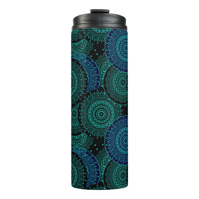 Termo Mandala redonda azul turquesa sobre fondo negro (Anverso)