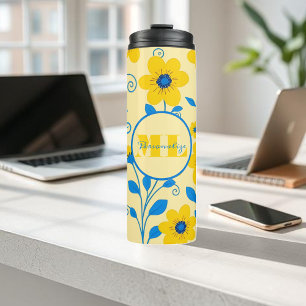 Termo Mantequilla monograma amarillo y azul floral