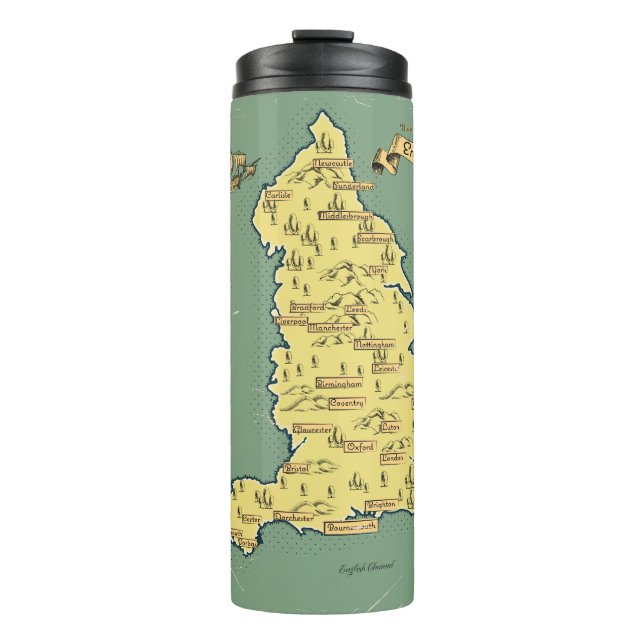 Termo Mapa ilustrado de viajes de Inglaterra (Anverso)