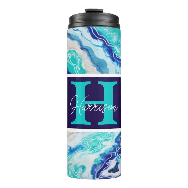 Termo Marble azul y turquesa Monograma Beachis (Anverso)