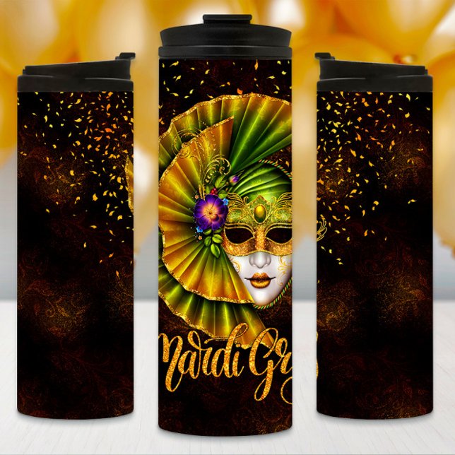 Termo Mardi Gras Tumbler, máscara verde del Mardi Gras (Subido por el creador)