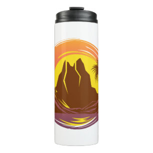 Termo Margen con el paisaje volcánico tropical y palmera