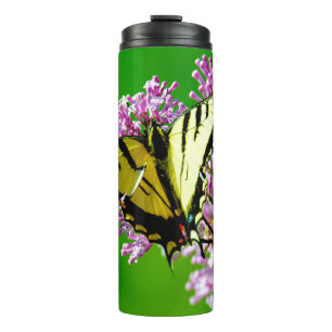 TERMO MARIPOSA AMARILLA SOBRE FLORES ROJOS