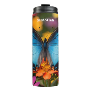 Termo Mariposa Azul Morpho Botánica Floral Personalizada