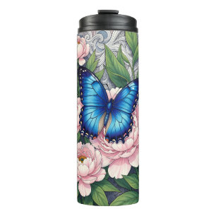 Termo Mariposa Azul Morpho con Peonías Arte Floral