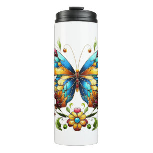 Termo Mariposa de vidrio coloreado con flores