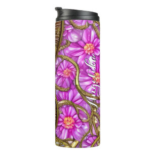 Termo Mariposa Dorada Elegante Margaritas Rosadas Nombre