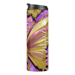 Termo Mariposa Dorada Rosa Caliente Nombre Personalizado