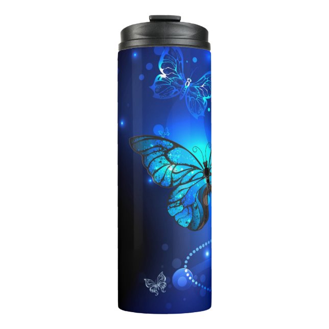 Termo Mariposa morfo en el fondo oscuro (Anverso)
