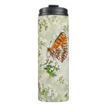 Mariposa naranja en delicadas flores blancas