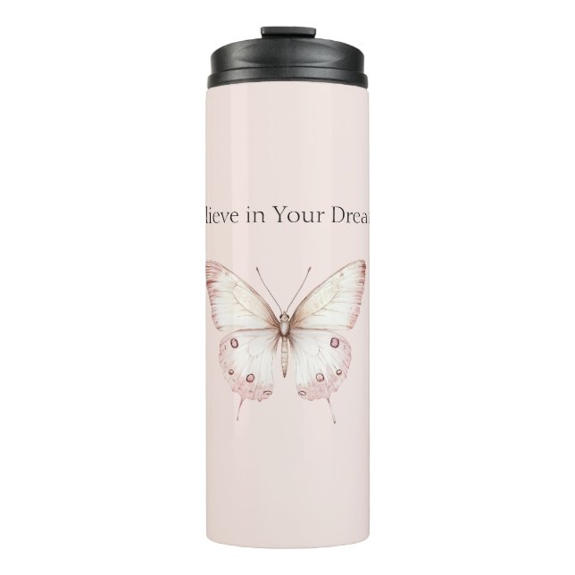 Termo Mariposa Rosa Sonrojo Cree en Sueños (Anverso)