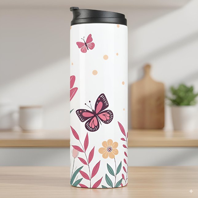 Termo Mariposas con tulipanes rosados y margaritas amari (Subido por el creador)