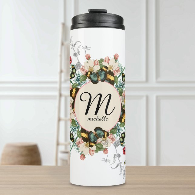 Termo Mariposas de época Monograma Personalizado Ephemer (Vintage Butterflies Monogram Ephemera Custom Thermal Tumbler)