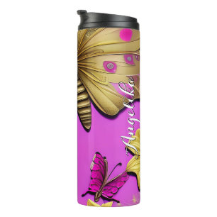 Termo Mariposas Doradas Rosa Caliente Nombre Personaliza