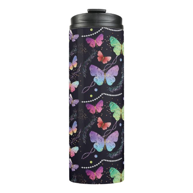 Termo Mariposas elegantes violeta y azul brillante (Anverso)