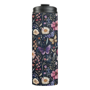 Termo Mariposas Florales Negro Púrpura Amarillo Rosa
