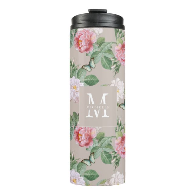 Termo Mariposas Monograma Floral Elegante Personalizado  (Anverso)