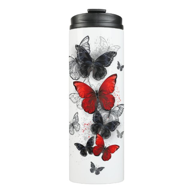 Termo Mariposas Morpho voladoras negras y rojas (Anverso)