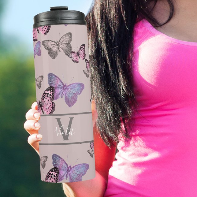 Termo Mariposas y monograma femeninos - rosa polvoriento (Subido por el creador)