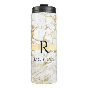 Termo Mármol Blanco y Dorado Barra Dorada, Monograma de 