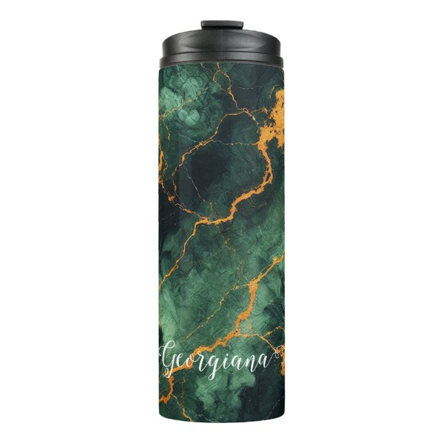 Termo Mármol de oro y verde del bosque otoñal personaliz (Anverso)