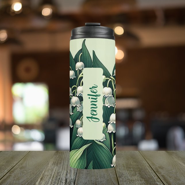 Termo May Birthday Month Flower Lily of the Valley 16 oz (Personalized  20 oz Thermal Tumbler Birth Flower Lily of the Valley for May.)