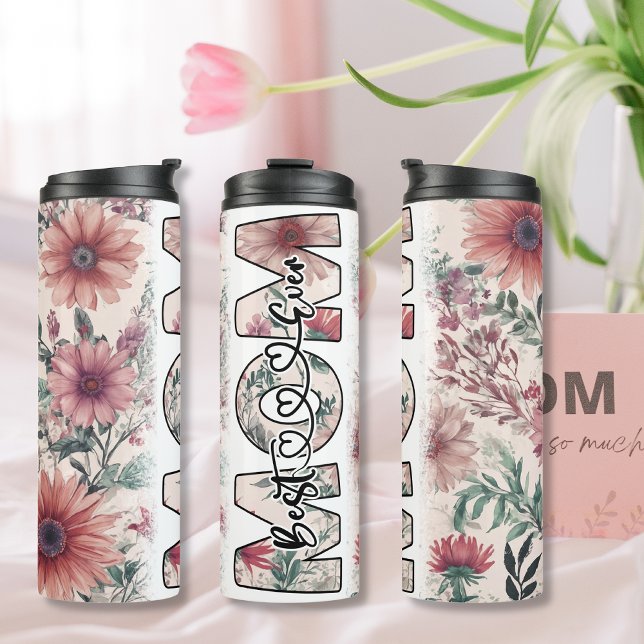 Termo Mejor mamá siempre flores rosadas oscuras (Best Mom Ever dark pink flowers Thermal Tumbler)
