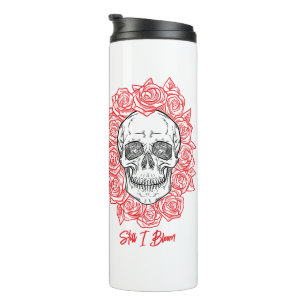 Termo ¡Memento Mori! Calavera y Rosas, mano dibujada