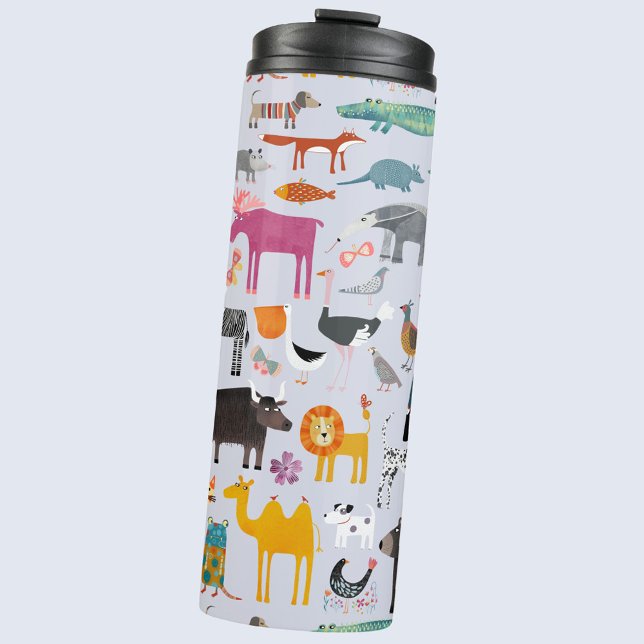 Termo Menagerie animal (Fun animal menagerie with wild, safari, zoo, pet animals and birds pattern water bottle)