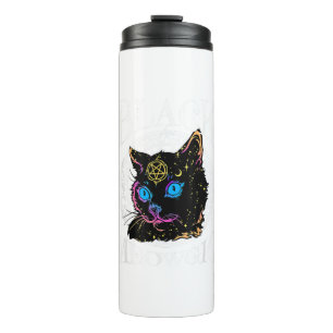 Termo Meowgic de gato negro, bruja de Halloween, pluma d