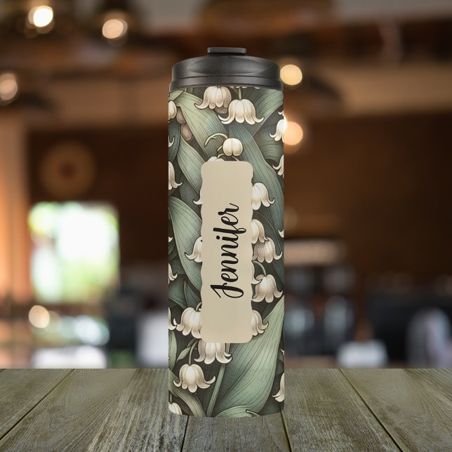 Termo Mes de la Flor de Nacimiento Mayo Lilly del Nombre (Personalized 20 oz thermal tumbler with Lily of the Vally flowers for May birthdays.)