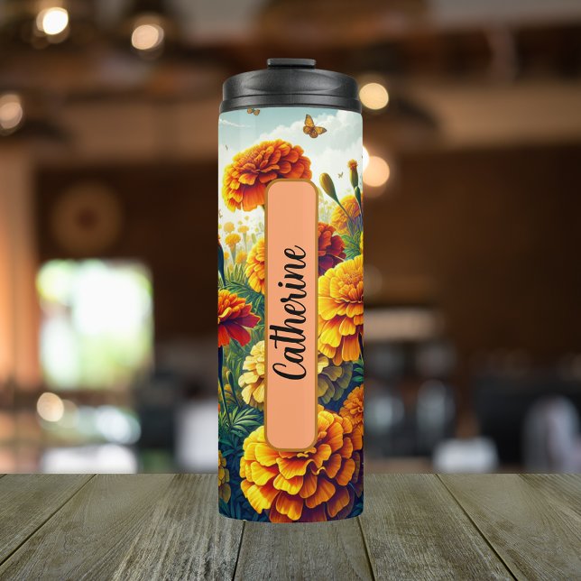 Termo Mes de la Flor de Nacimiento Octubre Marigold Pers (Personalized 20 oz Thermal Tumbler With Birth Flower Marigold Design for the Month of October.)
