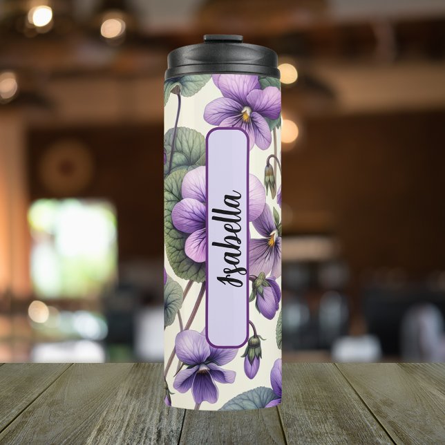 Termo Mes de las flores de nacimiento febrero personaliz (Personalized 12 oz Thermal Tumbler With Birth Flower Violet Design for the Month of February.
)