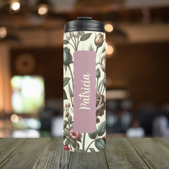 Termo Mes de las flores de nacimiento Rosa personalizado (Personalized 20 oz thermal mug for birth flower month of June.)