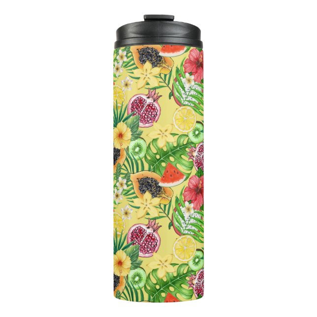 Termo Mezcla tropical, flores y hojas en amarillo (Anverso)