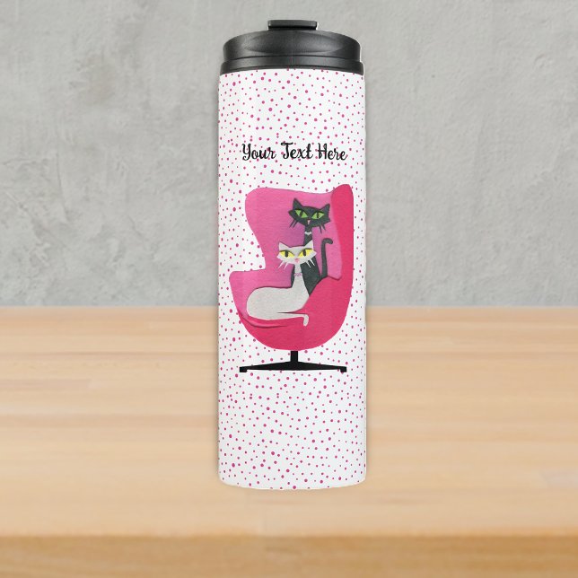 Termo Mid Century Fancy Cats in Pink Chair Polka Dots (Fancy mid century cats in pink chair on white with pink polka dots thermal drink bottle.)