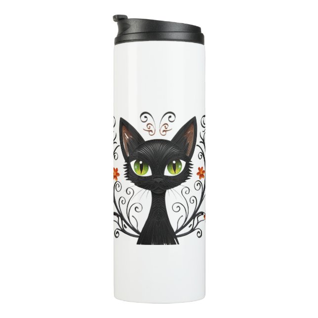 Termo Minimalist Black Cat Green Eyes Filigree Design (Rotado hacia la derecha)