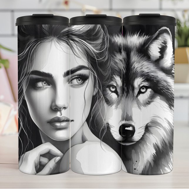 Termo Misterio Monocromo: Mujer y Lobo. (Subido por el creador)