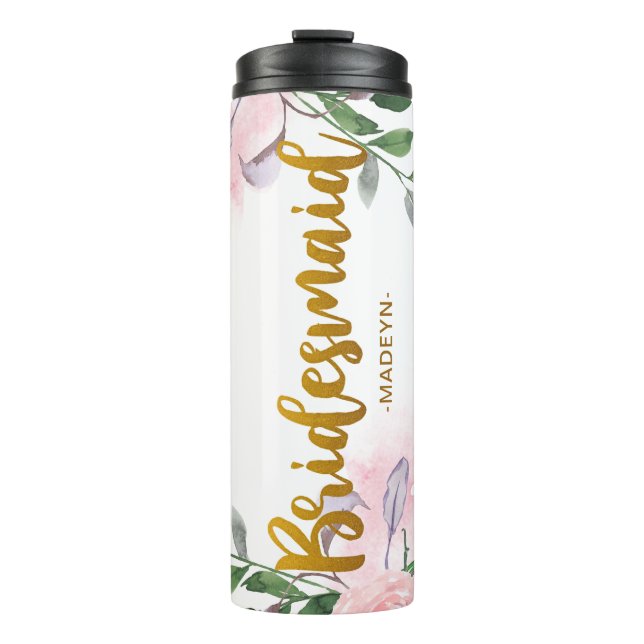 Termo Moda Floral Faux Gold Bridesmaid Script and Name (Anverso)