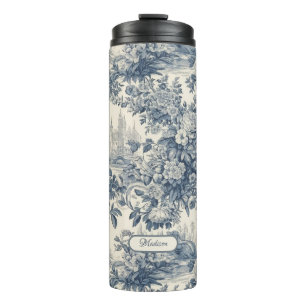 Termo Moda floral vintage Blue toile de jouy monograma