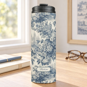 Termo Moda floral vintage Blue toile de jouy monograma