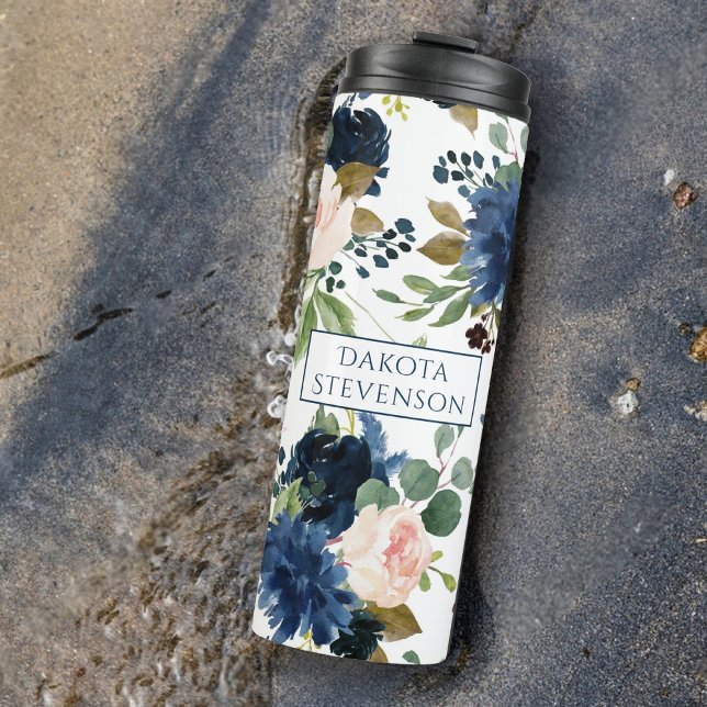 Termo Moda florece | Monograma floral azul marino y Rubo (Subido por el creador)