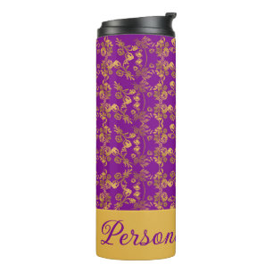 Termo Moda Flores doradas patrón púrpura personalizado