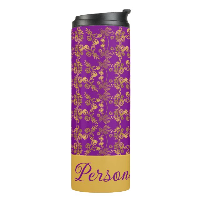 Termo Moda Flores doradas patrón púrpura | personalizado (Rotado hacia la izquierda)