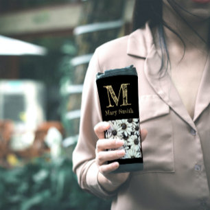 Termo Moda Monogramado blanco y negro Floral Minimalista