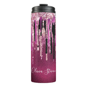 Termo Moda rosado caliente goteo negro purpurina monogra